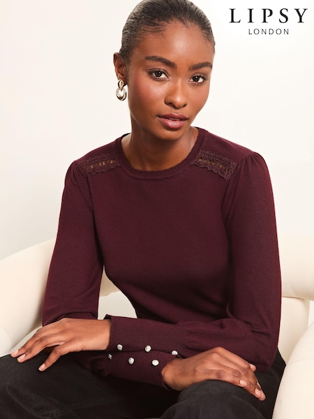Burgundy Punainen - Lipsy Lace Insert Scallop Knit Jumper (Q62438) | €29