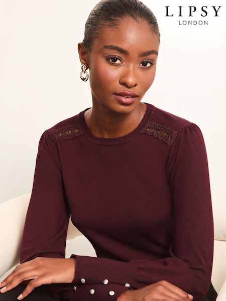 Lipsy Red Petite Lace Insert Scallop Knit Jumper (Q62458) | €16