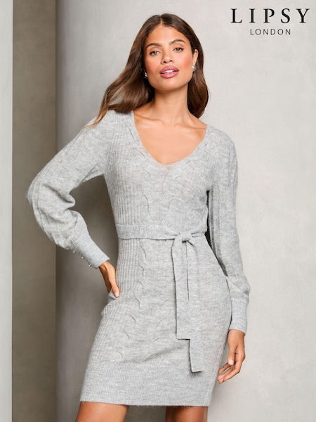 Lipsy Grey V Neck Cable Knitted Dress (Q62462) | €20