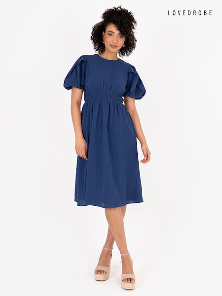 Lovedrobe Blue Cross-Over Elasticated Detail Waist Textured 100% Cotton Midi Dress (Q62574) | 136 QAR