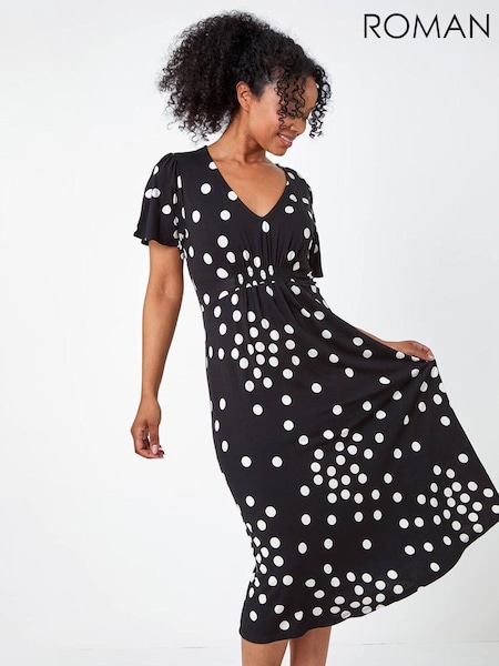 Roman Black Petite Polka Dot Stretch Midi Dress (Q62589) | 208 QAR