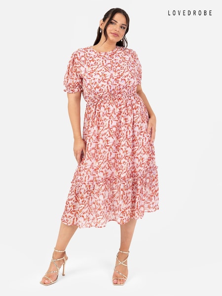 Lovedrobe Orange Puff Sleeve Tiered Hem Midi Dress With Frills (Q62595) | €46