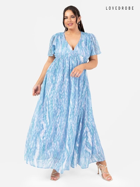 Albastru - Lovedrobe V-Neck Angel Sleeve Rochie lungă Cu Trimuri (Q62603) | 250 LEI