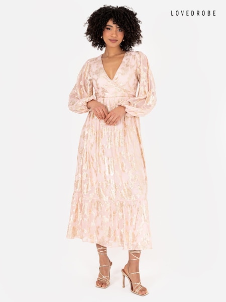 Lovedrobe Nude Long Sleeve Foiled Wrap Front Midaxi Dress (Q62615) | 45 €