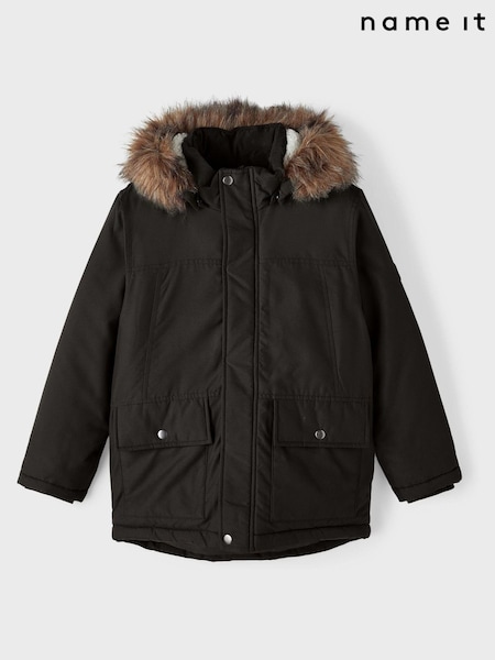 Negru - Jachetă parka din blană artificială cu fermoar întreg Name It (Q63170) | 136 LEI