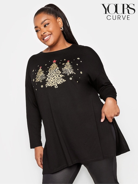 Yours Curve Black Novelty Long Sleeve Oversized Christmas T-Shirt (Q63421) | €13.50