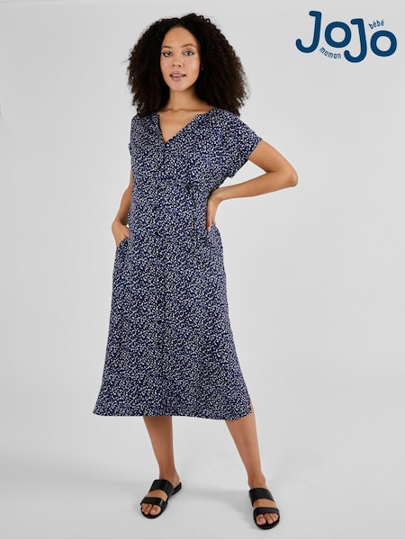 JoJo Maman Bébé Navy Animal Print Button Through Midi Dress (Q63574) | €65