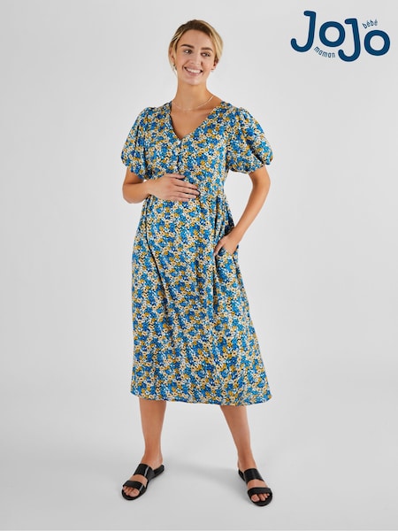 Sininen Keltainen Kukallinen  - Jojo Maman Bébé Puff Sleeve Maternity Midi Dress (Q63601) | €80
