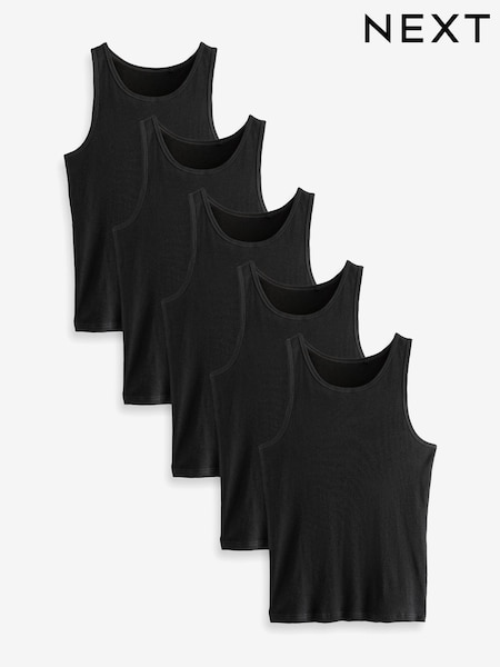 Black Ribbed 5 Pack 100% Cotton Vests 5 Pack (Q63628) | €25