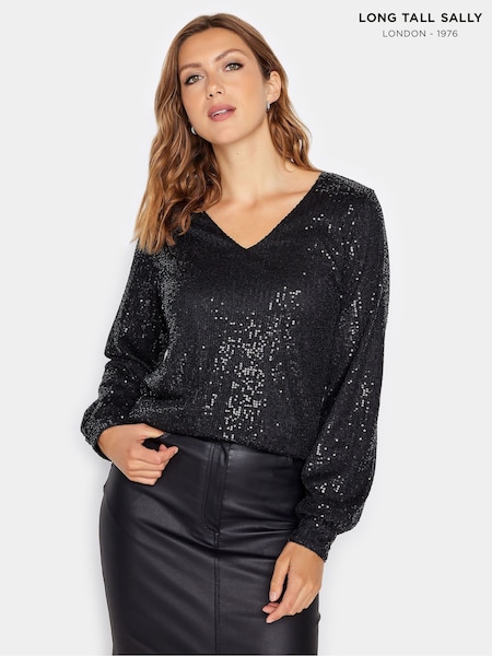 Long Tall Sally Black Sequin V-Neck Top (Q63752) | €11.50