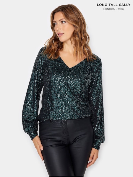 Long Tall Sally Green Sequin V-Neck Top (Q63770) | €20
