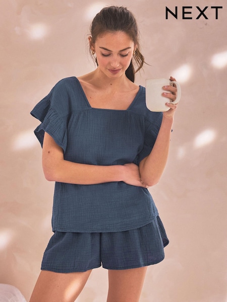 Indigo Blue 100% Cotton Crinkle Frill Sleeve Top (Q63998) | €16