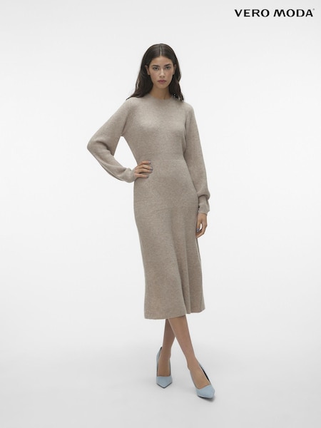 VERO MODA Natural Waisted Long Sleeve Midi Knitted Jumper Dress (Q64058) | €27