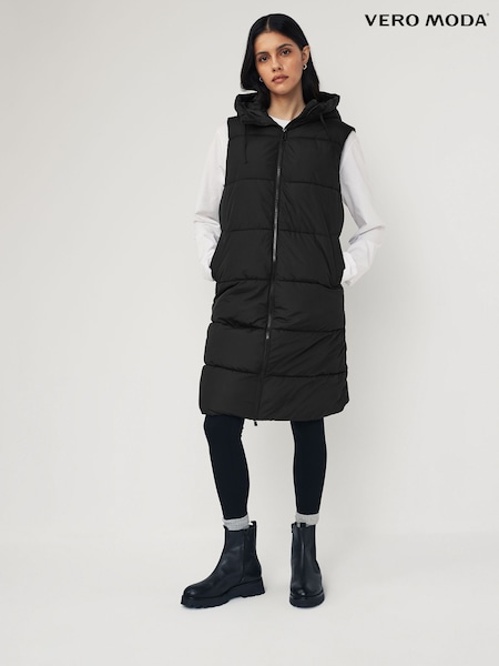 VERO MODA Black Petite Hooded Padded Longline Gilet (Q64122) | €24