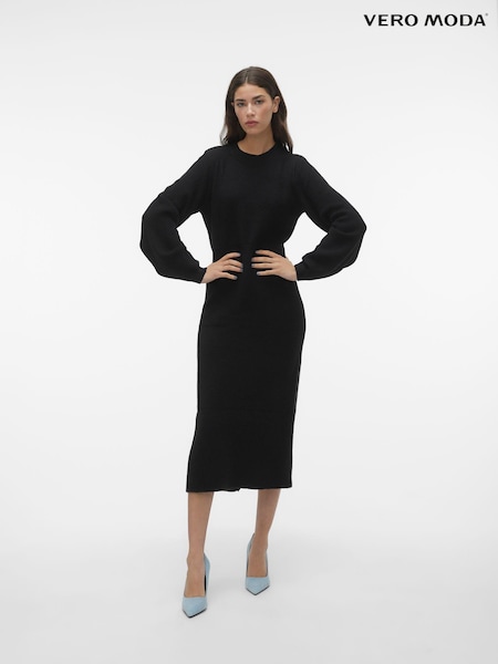 VERO MODA Black Waisted Long Sleeve Midi Knitted Jumper Dress (Q64130) | €17