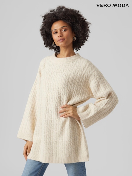 VERO MODA Cream Longline Cable Knit Cosy Tunic Jumper (Q64134) | €27