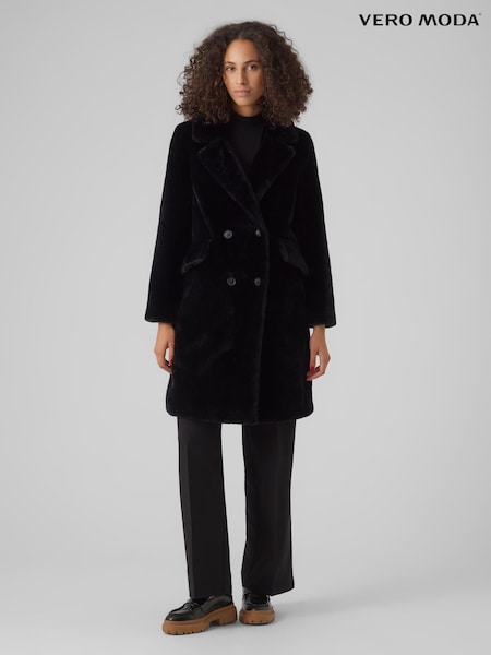 VERO MODA Black Longline Button Up Faux Fur Coat (Q64148) | €31