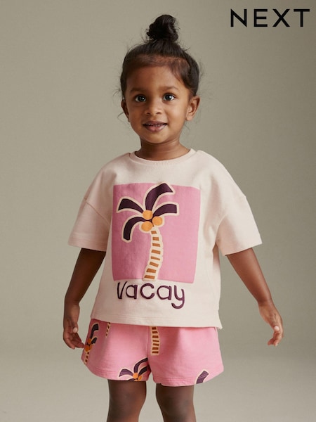 Pink Palm Tree 100% Cotton Short Sleeve T-Shirt and Shorts Set (3mths-7yrs) (Q64150) | €7 - €9