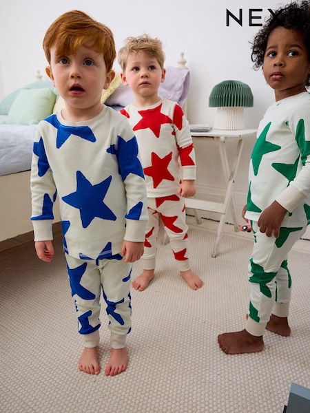 Red/Blue/Green Stars Snuggle 100% Cotton Pyjamas 3 Pack (9mths-12yrs) (Q64326) | AED81 - AED114