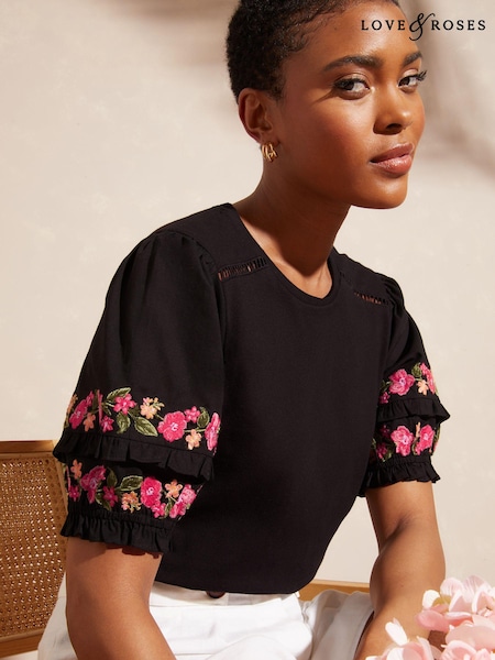 Negru - Love & Roses Embroidered Shortss Mânecă bufantă Jersey Tricou (Q64335) | 116 LEI