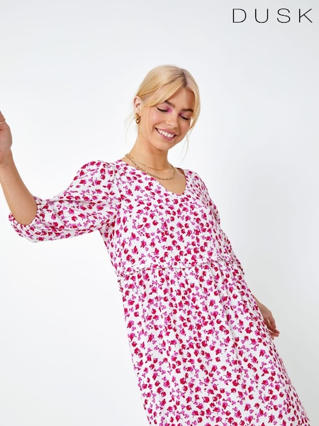 Dusk Pink Floral Print Frill Detail Smock Dress (Q64408) | €31