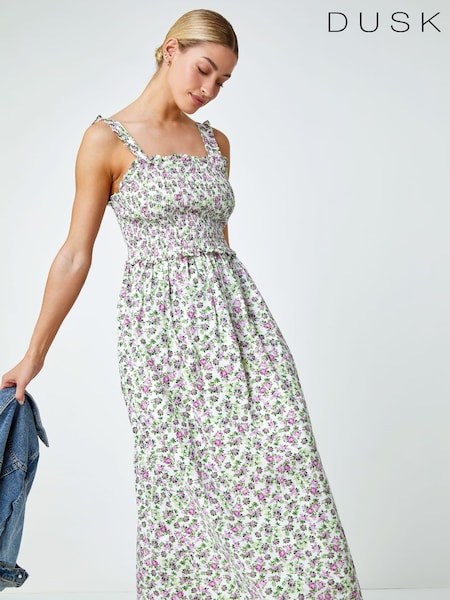 Dusk White Floral Print Shirred Stretch 100% Cotton Maxi Dress (Q64412) | €34