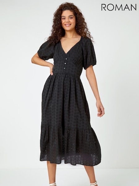 Roman Black Broderie Puff Sleeve Tiered Midi Dress (Q64773) | €21
