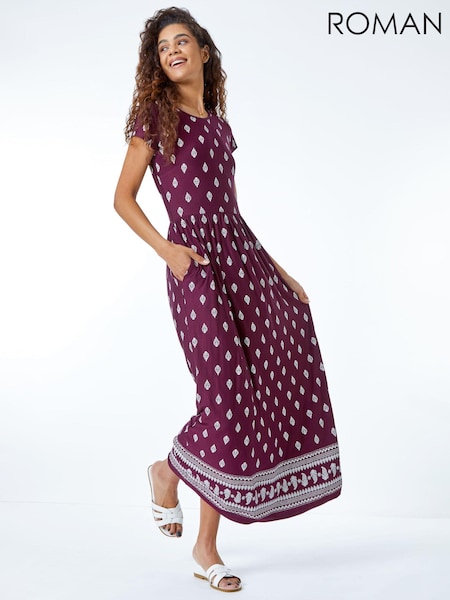 Roman Purple Paisley Border Print Maxi Dress (Q64827) | kr600
