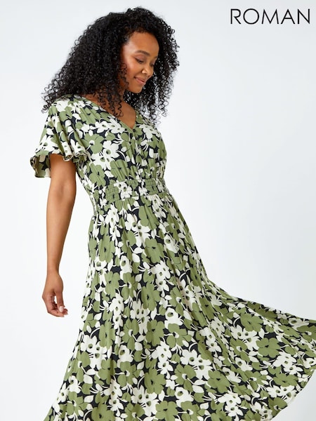 Roman Green Floral Shirred Stretch Midi Dress (Q64859) | €58