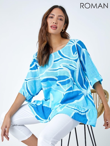Roman Blue Oversized 100% Cotton Floral Tunic Top (Q64882) | €20
