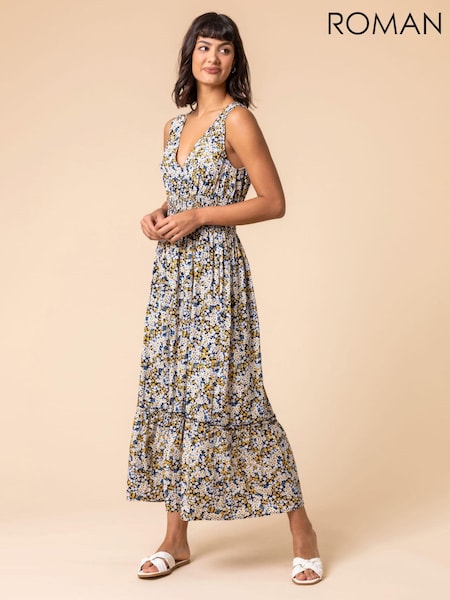 Roman White Ditsy Floral Shirred Waist Midi Dress (Q64912) | €37