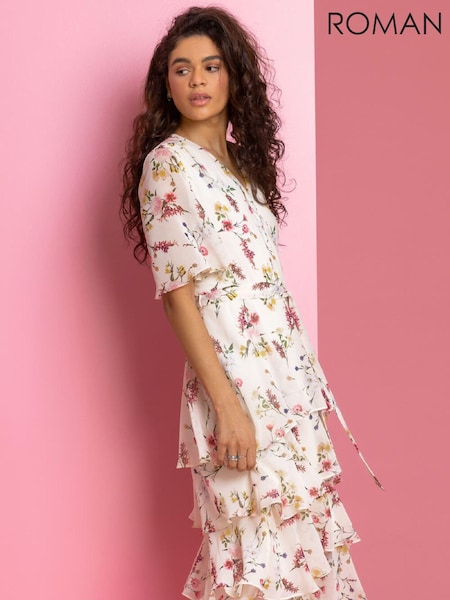 Roman White Floral Print Tiered Frill Midi Dress (Q64917) | €31