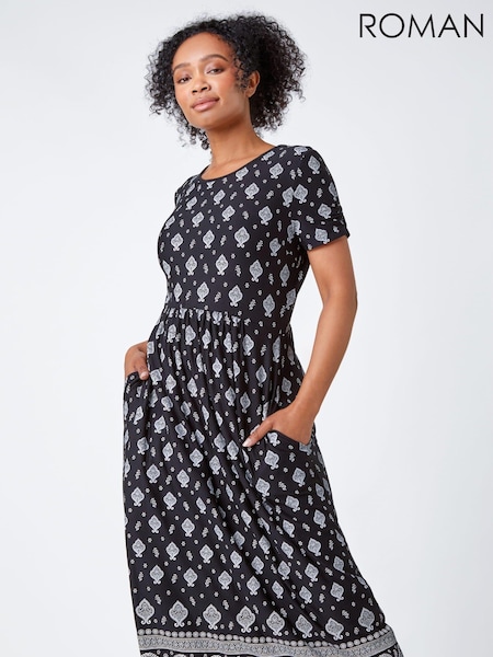 Roman Black Petite Border Print Stretch Midi Dress (Q64929) | ₪264
