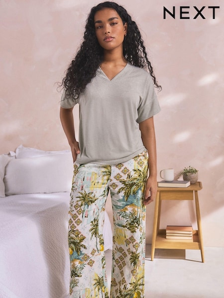 Sage Green Scene Print Linen Blend Short Sleeve Pyjamas (Q64994) | €22.50