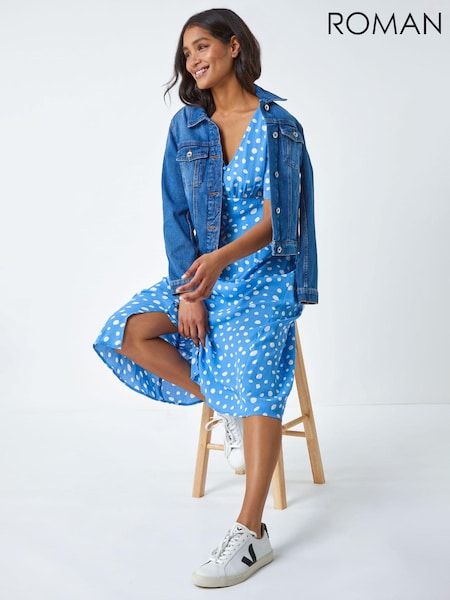Roman Light Blue Polka Dot Ruched Sleeve Midi Dress (Q65004) | €58
