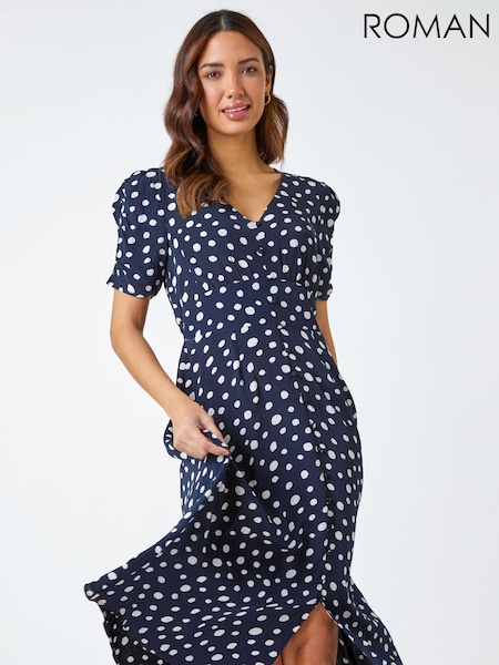 Roman Blue Polka Dot Ruched Sleeve Midi Dress (Q65039) | €56