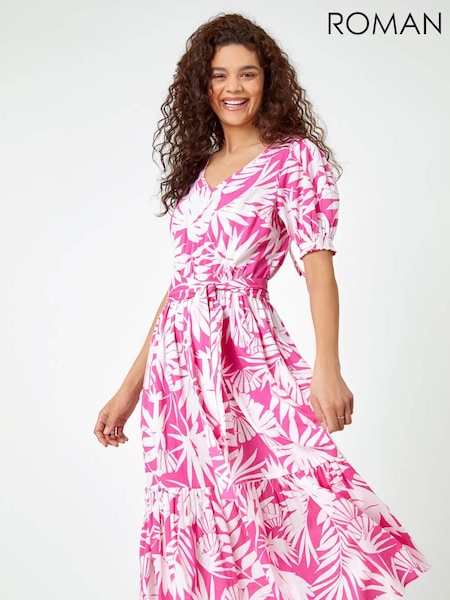 Roman Pink Floral Print Tiered Midi 100% Cotton Dress (Q65168) | €27