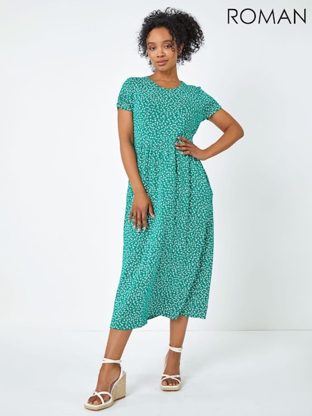 Roman Green/White Petite Floral Print Midi Dress (Q65179) | €53