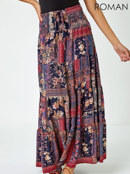 Roman Red Boho Floral Shirred Waist Maxi Skirt (Q65182) | €46
