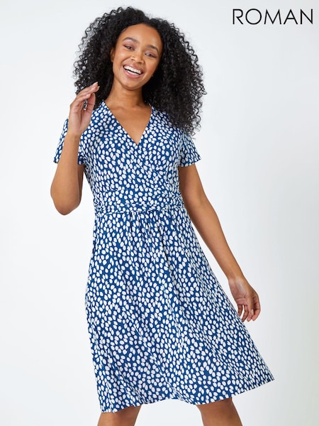 Roman Blue Petite Spot Print Wrap Dress (Q65210) | $97