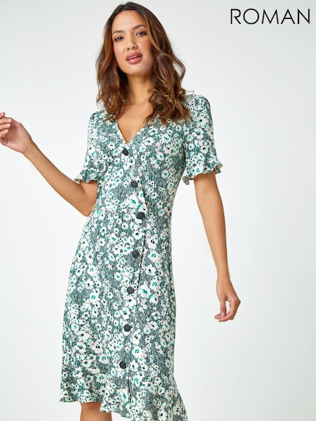 Roman Green Floral Print Button Detail Tea Dress (Q65216) | €53