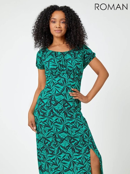 Roman Green Petite Leaf Print Midi Dress (Q65270) | €53
