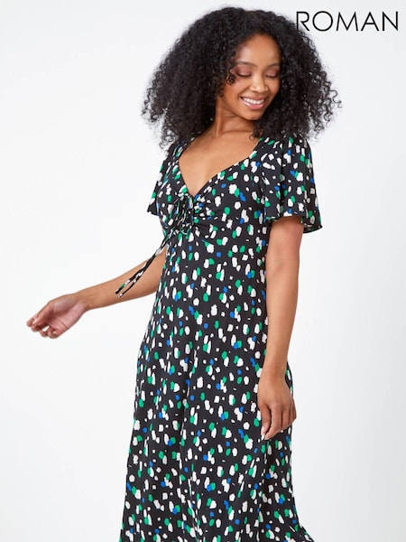Roman Black Petite Spot Ruched Stretch Midi Dress (Q65424) | €53