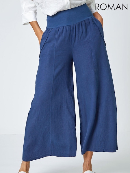 Roman Blue Linen Blend Stretch Waist Culottes (Q65492) | ₪239