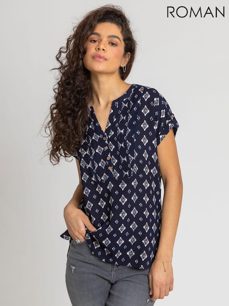 Roman Navy Blue Print Button Detail Top (Q65511) | 1,923 UAH