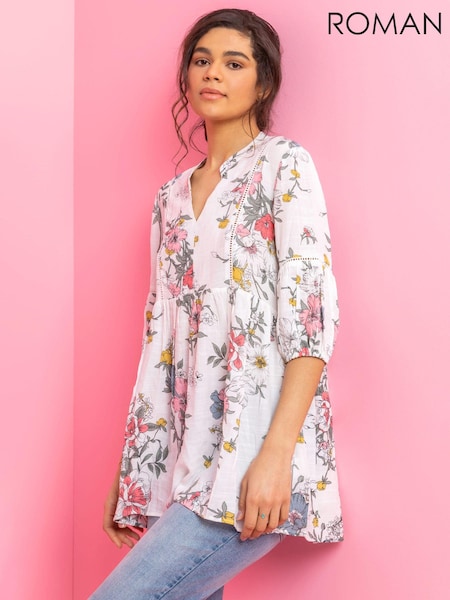 Roman White Floral Print Boho Smock Top (Q65584) | €40