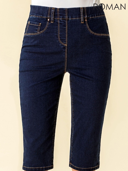 Roman Dark Blue Denim Stretch Knee Length Pedal Pusher Shorts (Q65657) | 198 QAR