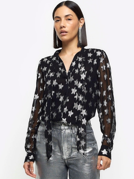 River Island Black Metallic Star Pussybow Shirt (Q65824) | €11.50