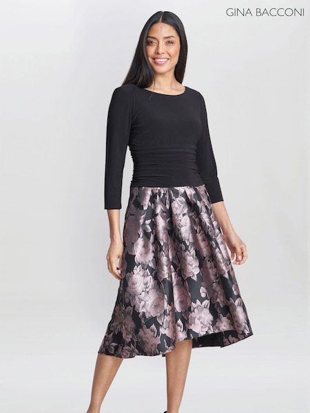 Gina Bacconi Hannah Floral Printed Jacquard Black Dress (Q65923) | €147