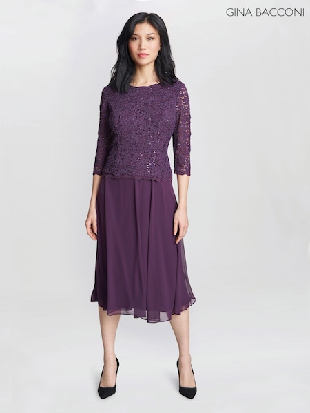 Gina Bacconi Purple Rona Midi Length Dress With Lace Bodice and Chiffon Skirt (Q65924) | €185